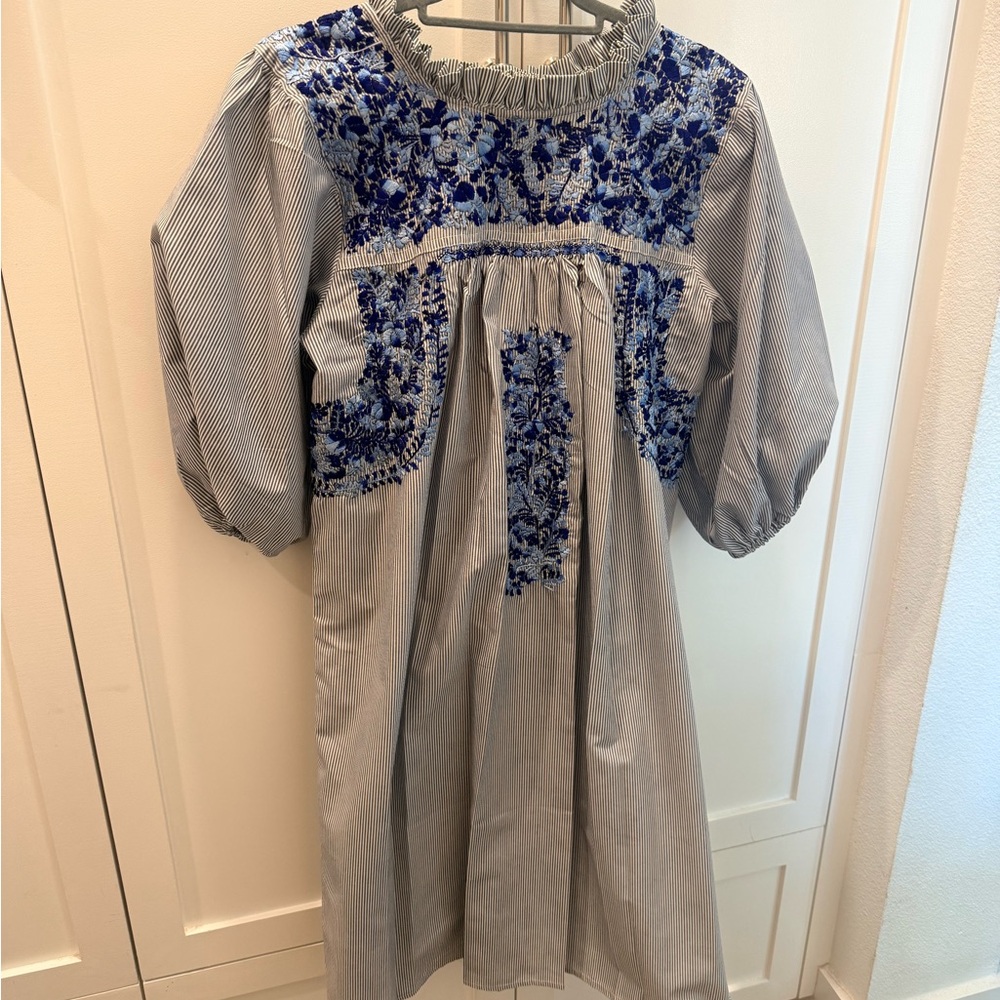 Striped Dress with Blue Floral Embroidery